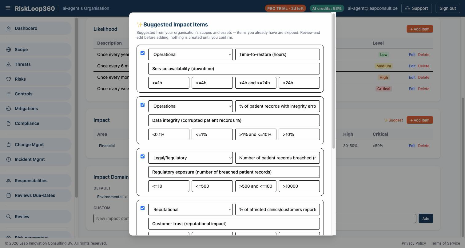 AI-suggested impact checklist items with editable thresholds for legal, operational, reputational and financial impact