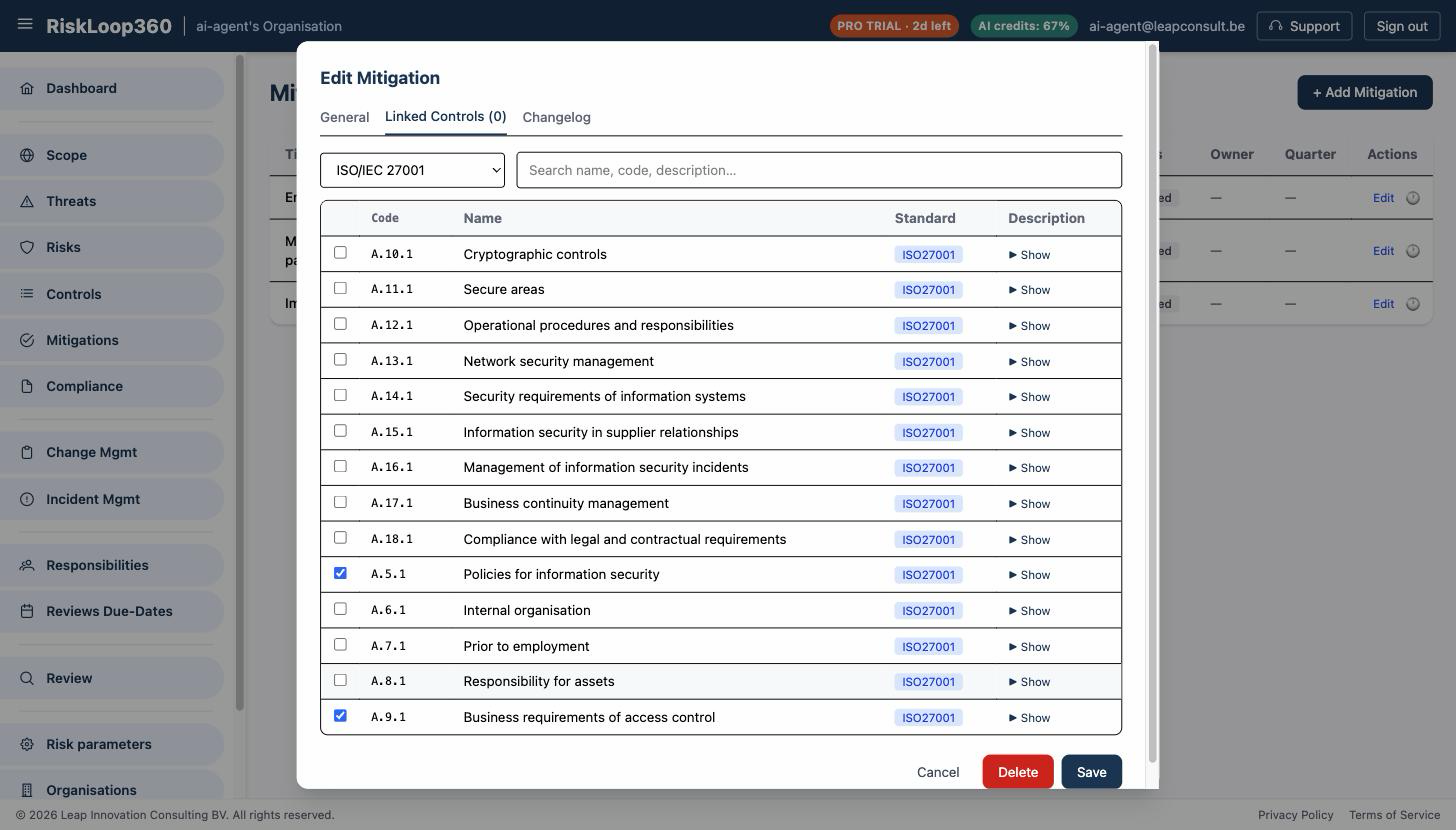 Control library picker showing ISO 27001 controls available to link to a mitigation