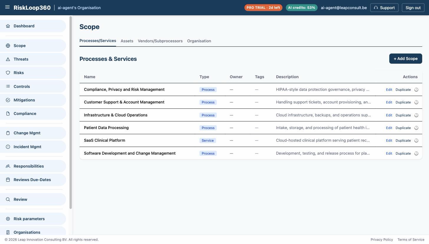 Scope screen listing the processes and services in scope for a sample healthcare SaaS organisation